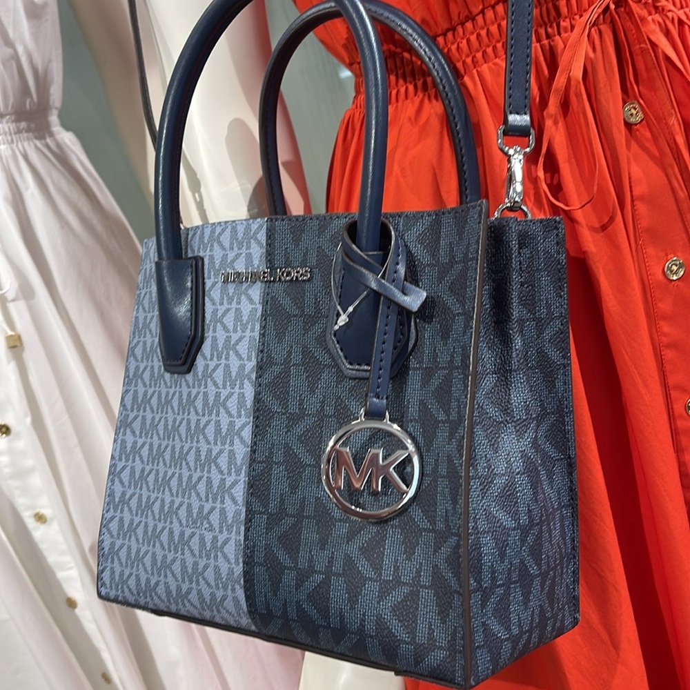 Michael Kors Mercer Medium Two-Tone Logo Crossbody Messenger Navy Multi NWT - Picture 15 of 16